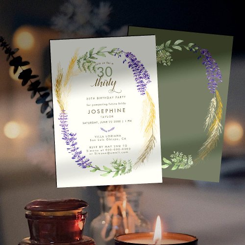 Elegant Lavender Wheat Wreath Spa 30th Birthday Invitation