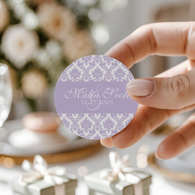 Elegant Lavender White Damask Wedding Favor Classic Round Sticker (Creator Uploaded)