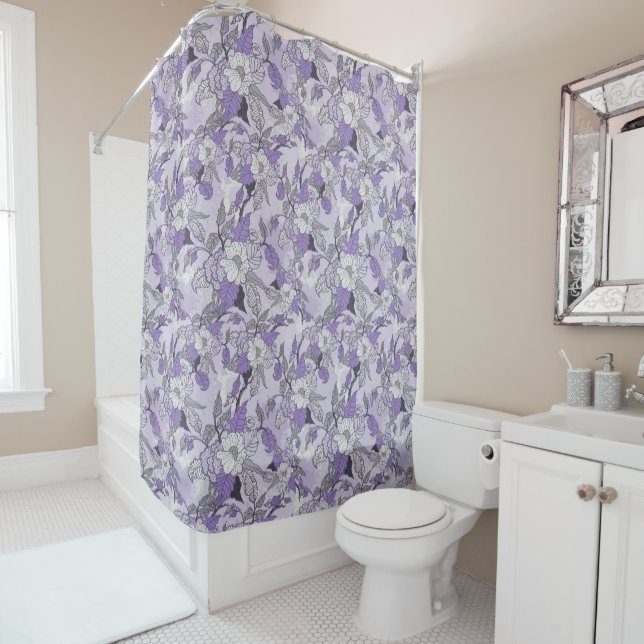 Elegant Lavender & White Floral Shower Curtain (In Situ)