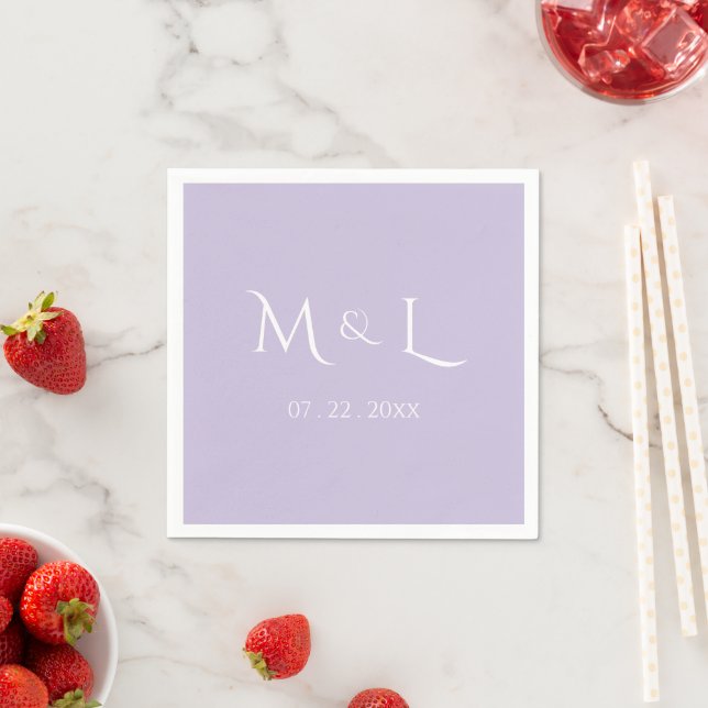 Elegant Lavender White Monogram & Date Wedding  Napkins (Insitu)