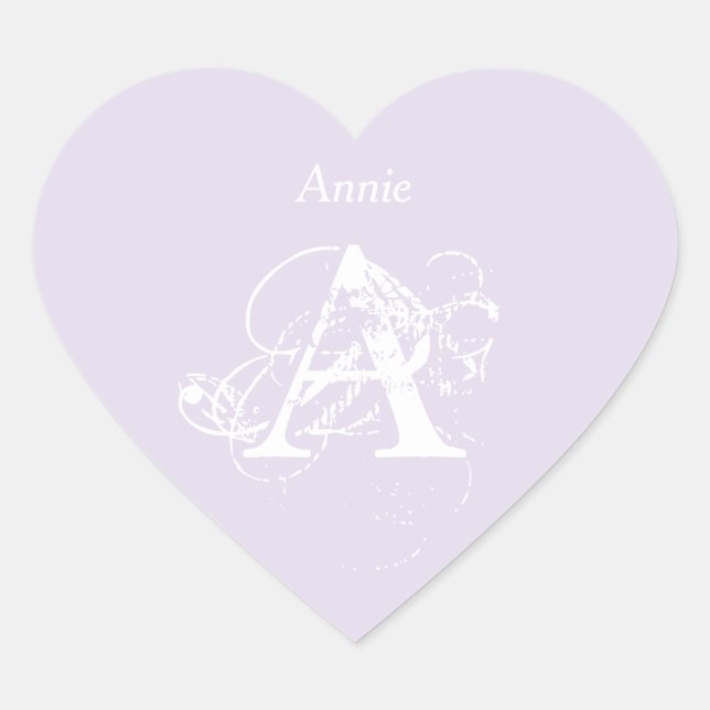 Elegant Lavender White Monogram Name Template Heart Sticker (Front)