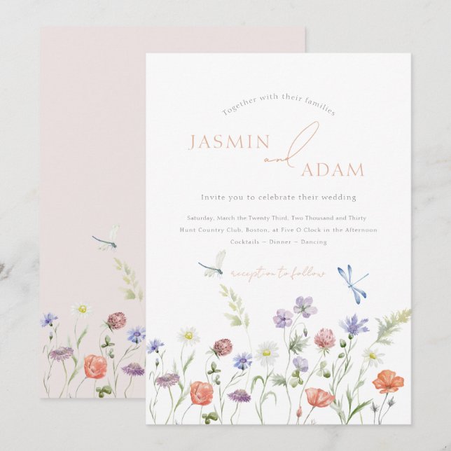 Elegant Lavender Wildflowers Dragonflies Wedding Invitation (Front/Back)