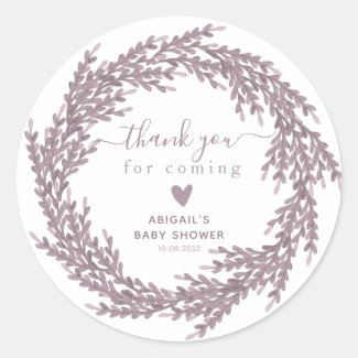 Elegant Lavender Wreath Baby Shower Thank You  Classic Round Sticker