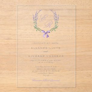 Elegant Lavender Wreath & Bow Monogram Wedding Acrylic Invitations