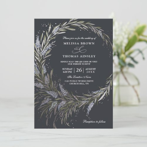 Elegant Lavender Wreath Budget QR Code Wedding Invitation