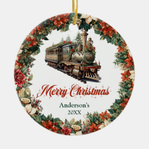 Elegant lavish Christmas wreath vintage train Ceramic Ornament