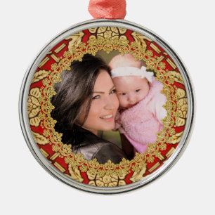 Elegant Lavish Red and Gold Ornate Custom Photo Metal Ornament