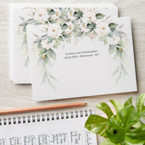 Elegant lavish watercolor greenery white flowers envelope