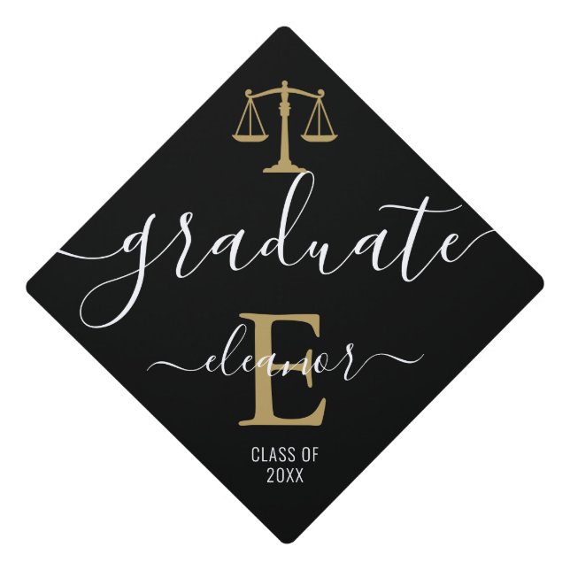 Elegant Law School Black And Gold Monogram Graduation Cap Topper (Front)
