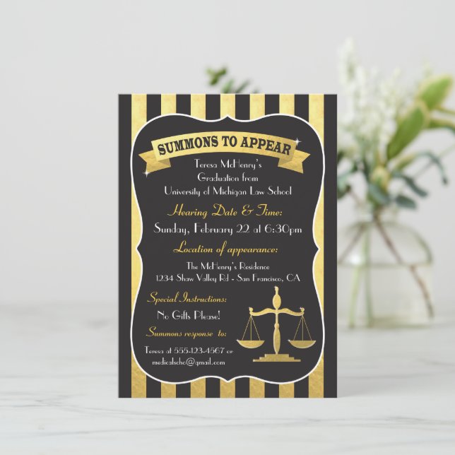 Elegant Law School Graduation Summons Invitation (Standing Front)