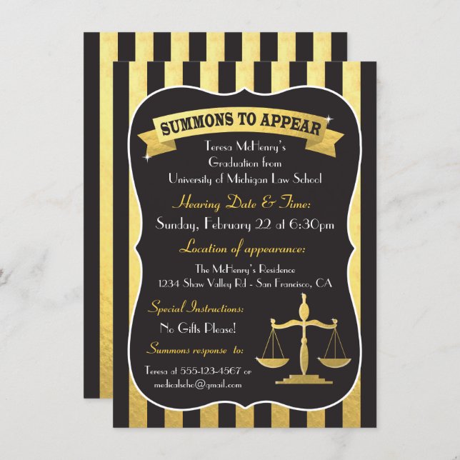 Elegant Law School Graduation Summons Invitation (Front/Back)