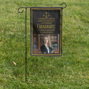 Elegant Law School Photo Graduation Black Gold Garden Flag