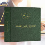 Elegant lawyer office gold green leather 3 ring binder<br><div class="desc">Luxury attorney at law office simple elegant binder with faux gold scale of justice and laurels logo and custom script on a vintage dark green leather look background. Personalize it with your information and logo on front,  back and spine!</div>