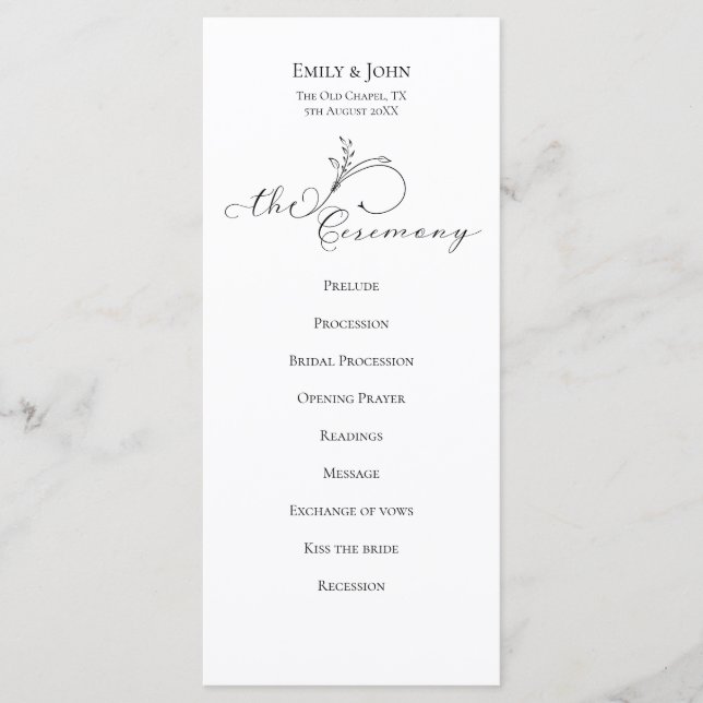 Elegant Leaf Black Script Typography Wedding Program (Front)