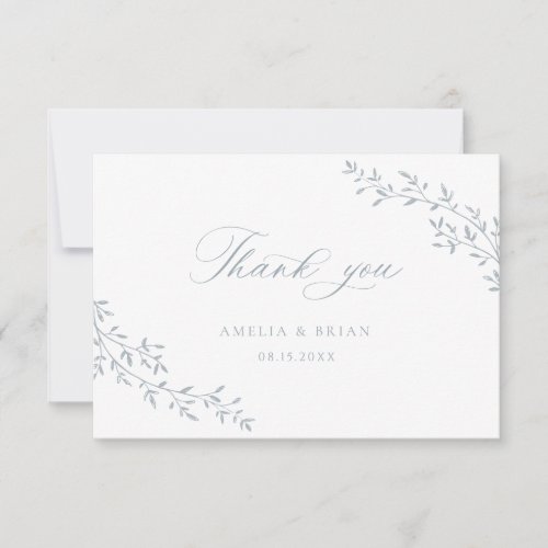 Elegant Leaf Branch Botanical Blue Script Wedding Thank You Card