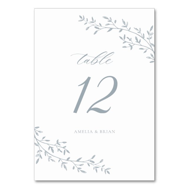 Elegant Leaf Branch Botanical Dusty Blue Wedding Table Number (Front)