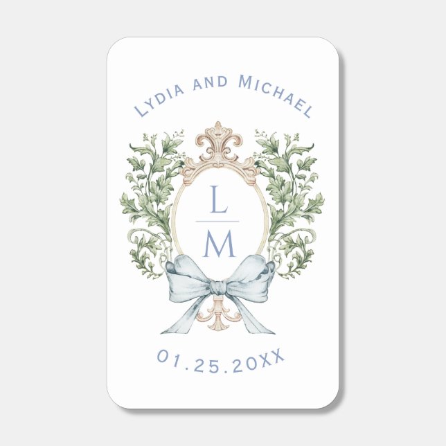 Elegant Leaf Crest w/ Bow | Monogram Wedding Matchboxes (Front)