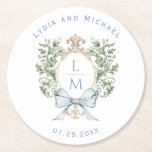 Elegant Leaf Crest w/ Bow | Monogram Wedding Round Paper Coaster<br><div class="desc">The elegant watercolor monogram crest gives this wedding coaster a beautiful and timeless look that any sophisticated bride will love.   Personalize this coaster with your names,  wedding date and initials inside the crest. 

Colors include,  light blue,  green,  golden yellow and tan.</div>