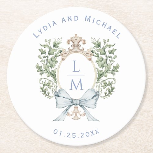 Elegant Leaf Crest w Bow  Monogram Wedding Round Paper Coaster