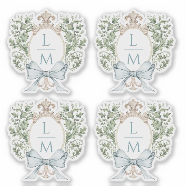 Elegant Leaf Crest w/ Bow | Monogram Wedding Sticker (Front)