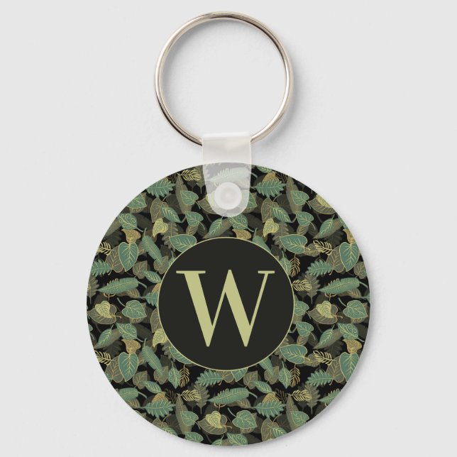 Elegant Leaf Design Botanical Initial Keychain (Front)