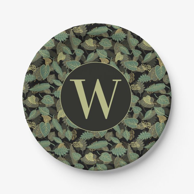 Elegant Leaf Design Botanical Initial Paper Plates (Front)