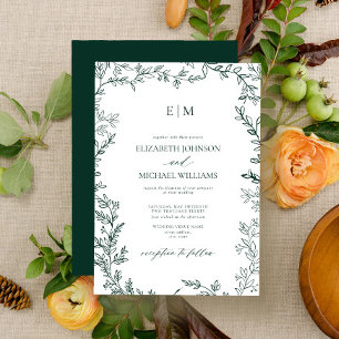 Elegant Leaf Emerald Green Monogram Wedding Invitation
