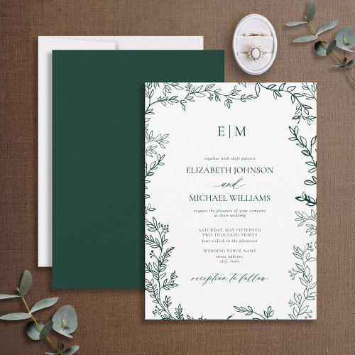Elegant Leaf Emerald Green Monogram Wedding Invitation