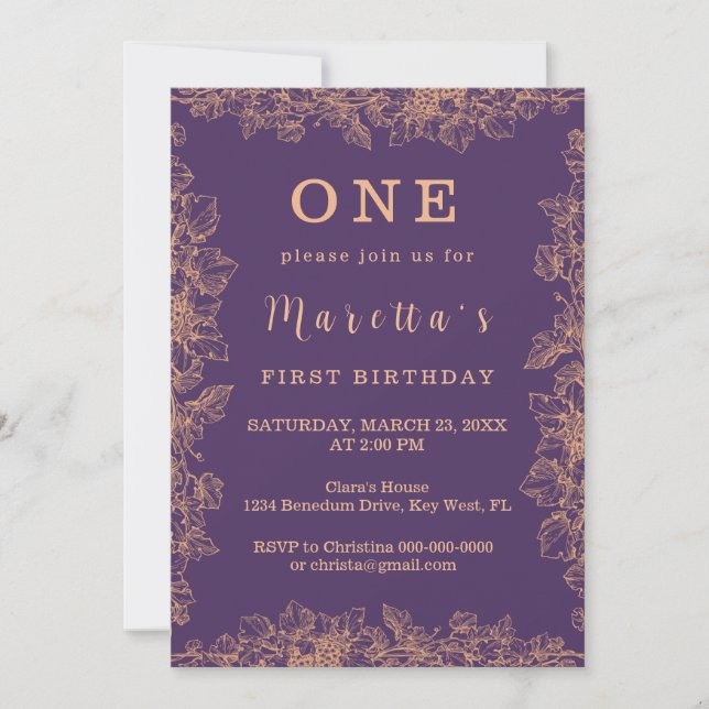 Elegant Leaf First Birthday Invitation (Front)