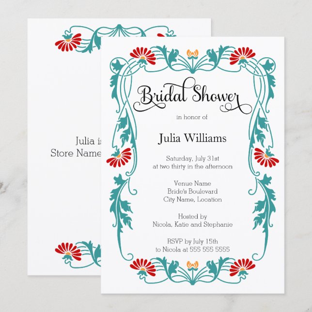 Elegant Leaf Florals and Swirls Bridal Shower Invitation (Front/Back)