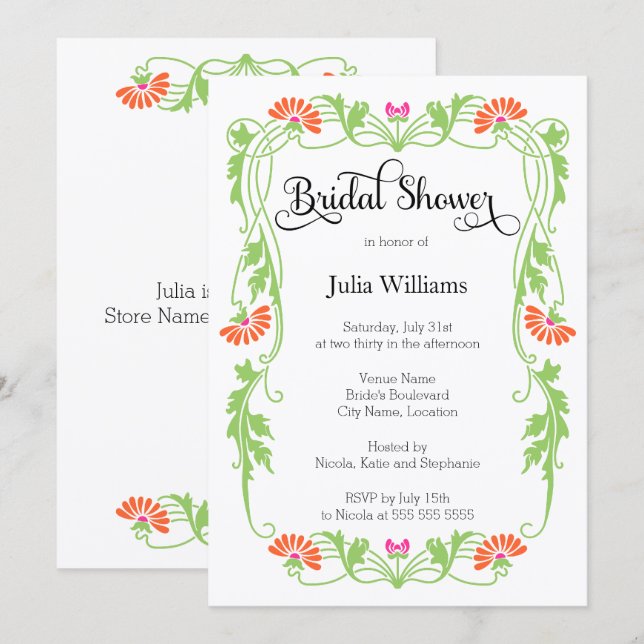 Elegant Leaf Florals and Swirls Bridal Shower Invitation (Front/Back)
