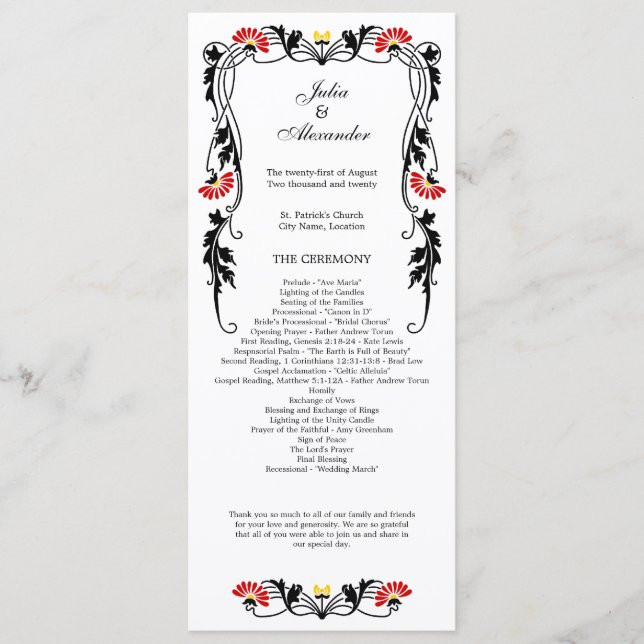 Elegant Leaf Florals and Swirls Wedding Program (Front)