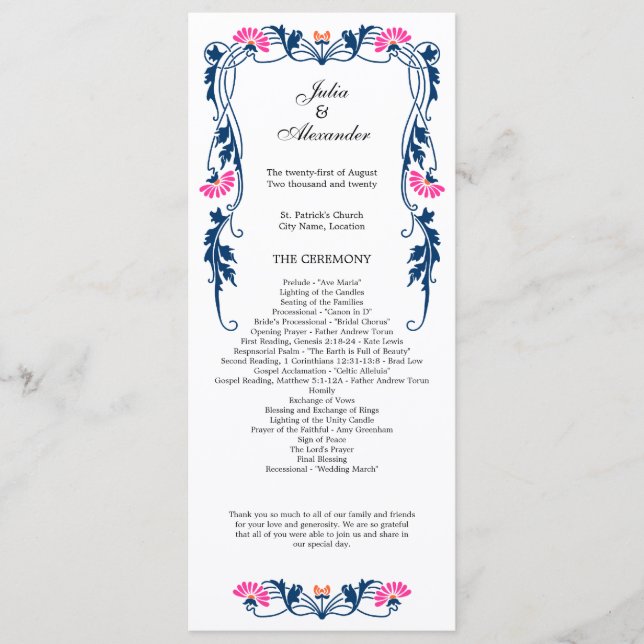 Elegant Leaf Florals and Swirls Wedding Program (Front)