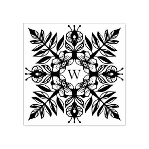 Elegant Leaf Foliage Snowflake Pattern Monogram Rubber Stamp