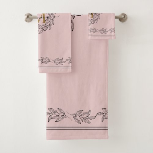 Elegant Leaf illustration Floral Monogram Pink Bath Towel Set