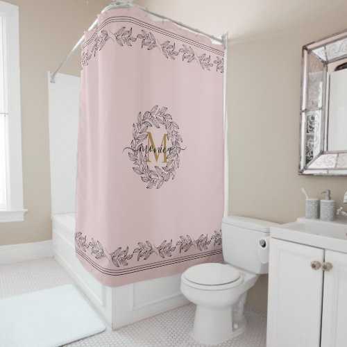 Elegant Leaf illustration Floral Monogram Pink Shower Curtain