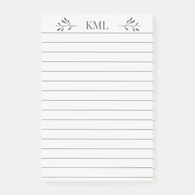 Elegant Leaf Monogram Personalized Lined Post-it Notes (Front)