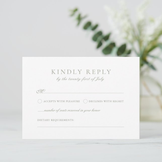 Elegant Leaf Monogram Sage Green Wedding RSVP  Enclosure Card (Standing Front)