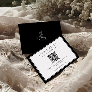 Elegant Leaf Monogram Wedding QR Code RSVP  Enclosure Card