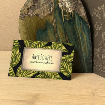 Elegant Leaf Nature Design Green On Black Business Card by annpowellart at Zazzle