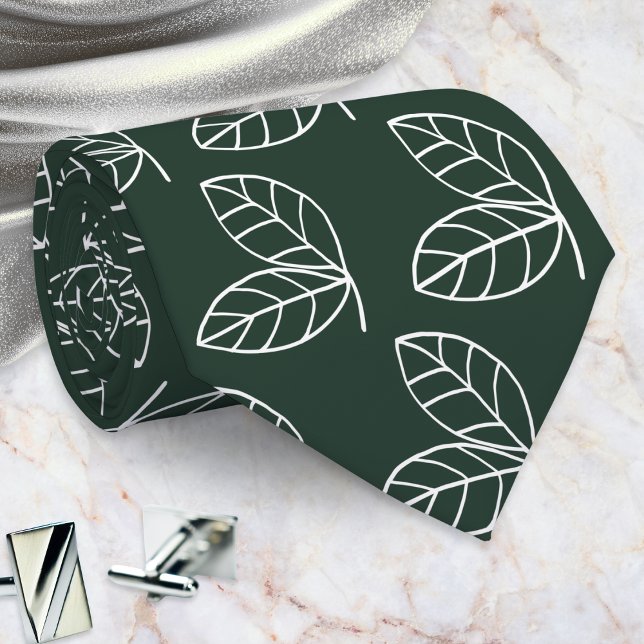 Elegant Leaf Pattern Dark Green Neck Tie (A dark green tie with a pattern of white line-art leaves in a modern style)