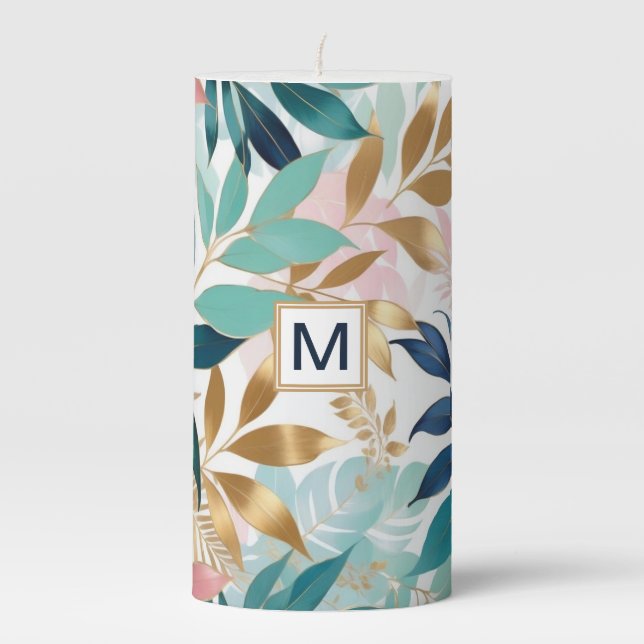 Elegant Leaf Pattern Pretty Leaves Monogrammed Pillar Candle (Front)