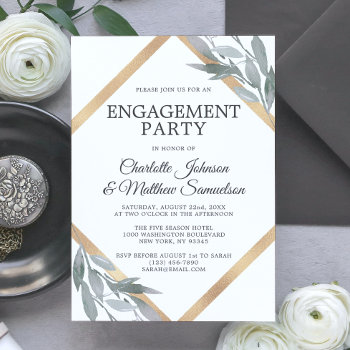 Elegant Leaf Sage Olive Gold Engagement Party Invitation by UniqueWeddingShop at Zazzle
