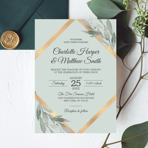 Elegant Leaf Silver Dusty Sage Gold Foil Wedding Invitation