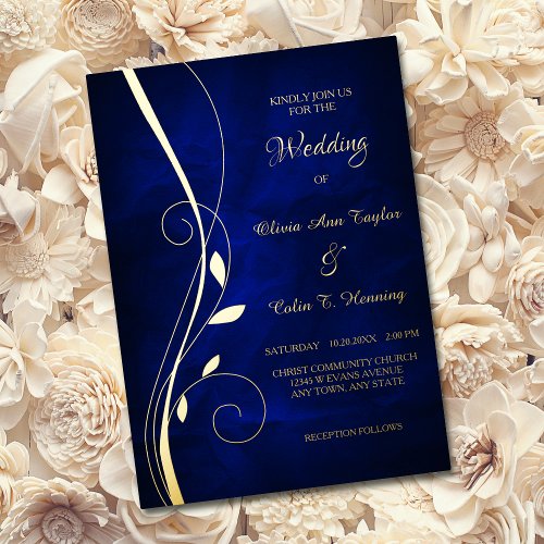 Elegant Leaf Swirl Deep Blue Wedding  Foil Invitation