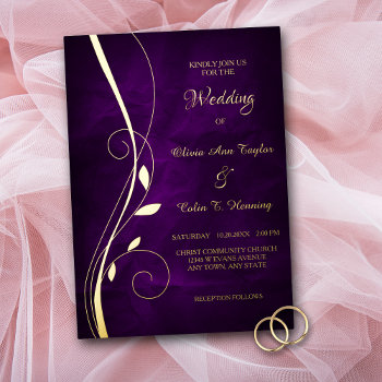 Elegant Leaf Swirl Deep Purple Wedding Foil Invitation by Westerngirl2 at Zazzle