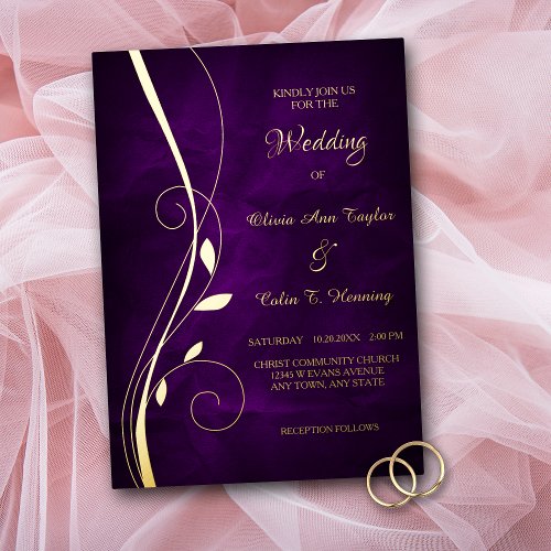 Elegant Leaf Swirl Deep Purple Wedding Foil Invitation