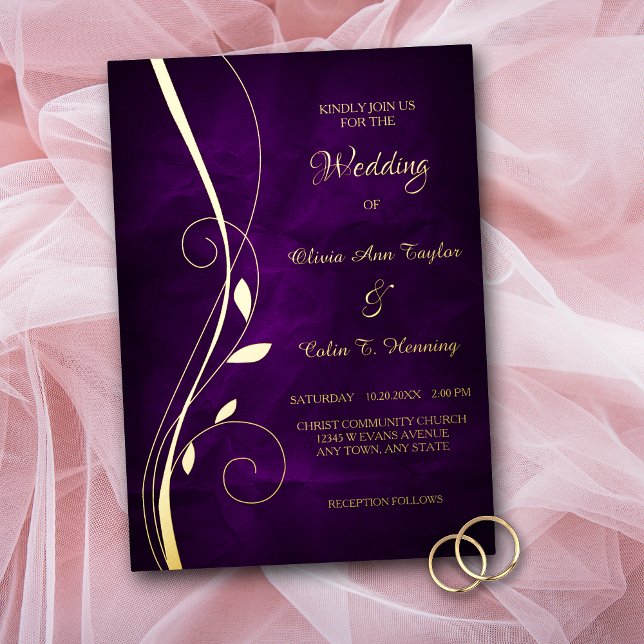 Elegant Leaf Swirl Deep Purple Wedding Foil Invitation (Creator Uploaded)