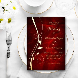 Elegant Leaf Swirl Deep Red Wedding Foil Invitation