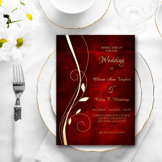 Elegant Leaf Swirl Deep Red Wedding Foil Invitation (Creator Uploaded)